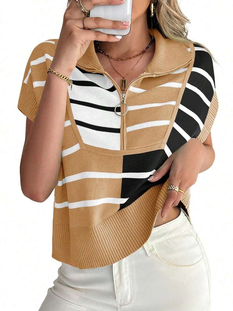 Womens Sweaters Summer Short Sleeve Shirts 2025 Zip Up Color Block Knit Striped Cropped Tops