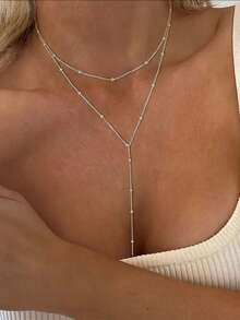 1 Pc Silver Elegant Long Pendant Necklace, Jewelry Y-Shaped Chain With Round Ball Double Layered Pendant, Suitable For Women's Daily Wear, Fashionable And Elegant Four Season Necklace, Simple And Fashionable Party Necklace, Minimalist Gift Necklace, Lightweight And Luxurious Office Four Season Necklace, Surprising Exquisite Gift - Bạc - Xem 1