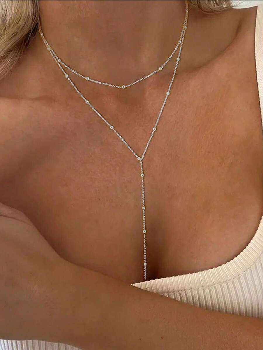 1 Pc Silver Elegant Long Pendant Necklace, Jewelry Y-Shaped Chain With Round Ball Double Layered Pendant, Suitable For Women's Daily Wear, Fashionable And Elegant Four Season Necklace, Simple And Fashionable Party Necklace, Minimalist Gift Necklace, Lightweight And Luxurious Office Four Season Necklace, Surprising Exquisite Gift - Bạc - Xem 1