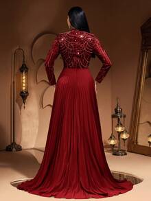 Đầm chiffon xếp ly sang trọng, thanh lịch dành cho nữ, đính sequin và ren, thiết kế cao cấp, thích hợp cho các dịp trang trọng, tiệc tùng, đám cưới, ngày Valentine mùa xuân. - Màu Đỏ Sâu - Xem 7