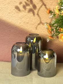 3 Pack Grey Curved Battery Powered Flameless LED Candles With 10-Key Remote And Timer, 3D Warm Color Flashing Lights For Holiday Home Decoration - Grey - View 2