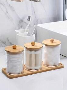 3 件塑料透明圆形清洁棉签收纳盒带托盘，现代便携式桌面收纳盒，可堆叠设计，防尘防水，多用途，用于化妆刷收纳、珠宝整理，非常适合[美容爱好者、旅行者、家庭整理者，可作为圣诞礼物、新年家居装饰，大容量，适合假日海滩、浴室、卧室收藏