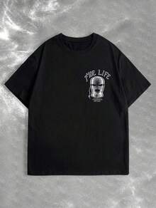 Urban Edge, Camiseta Casual de Manga Corta para Hombre Inspirada en Y2K con Estampado de Letras - Poliéster Transpirable, Cuello Redondo, Ropa de Calle de Verano - Negro - Ver 3