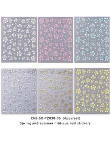 6 Pieces Of Spring And Summer Hibiscus Nail Art Stickers - White, Pink, Blue, Silver, Gold, Yellow Fresh Hibiscus Flower, Hibiscus Flower Art Design, 3D Flat Technology, Suitable For Women's Daily, Wedding, Holiday, Disposable Self-Adhesive Back Adhesive Nail Art Stickers, Simple, Light Luxury, Chinese Style Theme Style, Easy To Stick Nail Decoration Stickers