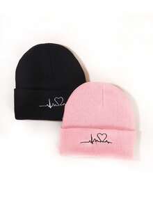 2pcs ECG Embroidered Knit Beanies, Suitable For Everyday Wear - Pink Black - View 15