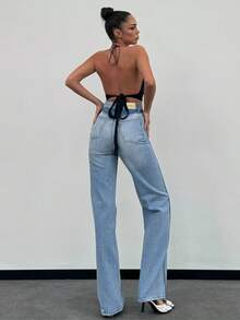 SQUALO 女士高腰阔腿牛仔裤，适合身材高挑的出门人士 - 藍色 - 查看 3