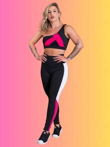 Conjunto Fitness Feminino Calça Legging Cintura Alta Recorte Faixa Lateral E Top Cropped Ombro Só Academia Treino RIQ Modas - Rosa chiclete - Visão 1
