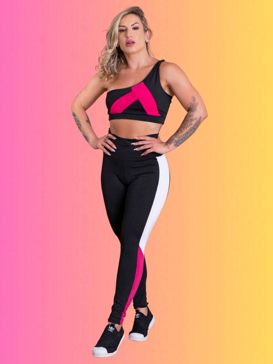 Conjunto Fitness Feminino Calça Legging Cintura Alta Recorte Faixa Lateral E Top Cropped Ombro Só Academia Treino RIQ Modas - Rosa chiclete - Visão 1