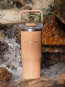 1pc Oversized Insulated Tumbler Water Bottle, High Capacity Stylish Design With Handle, Can Hold Hot Water, Thick Straw Cup For Home Back To School
