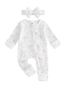 Baby Girl Spring Fall Winter Clothes Newborn Baby Girl Hospital Going Home Outfit Ribbed Footed Romper Bow Print Long Sleeve Full Length Ruffle Zipper Footie Jumpsuit Headband - 白色 - 查看 2