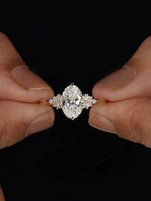 1 chiếc nhẫn bạc S925 đính kim cương hình bầu dục 4 chấu, kiểu dáng thanh lịch châu Âu dành cho nữ, tinh tế và độc đáo, phù hợp cho các buổi dạ hội, họp mặt và tiệc tùng, món quà trang sức cao cấp dành cho phụ nữ. - Vàng - Xem 8