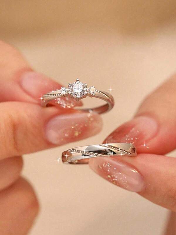 1 Pair Sparkling Romantic Couple Rings, Unique Design Elegant Style Suitable For Daily Wear, Valentine's Day Gift