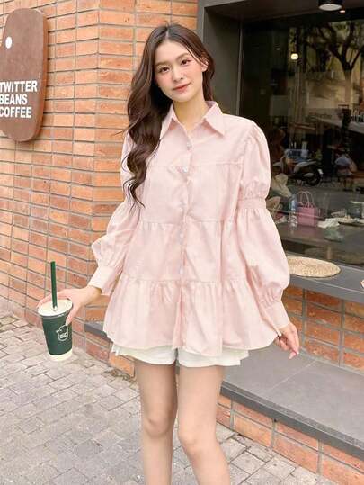 Cute French Style Loose Blouse, Casual Versatile Long Sleeve Shirt, Suitable For Halloween, New Year, Christmas, Pink Sweet Korean Fashion Top