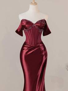 Đầm dạ hội trễ vai, gợi cảm, xẻ tà, kiểu đuôi cá quyến rũ dành cho nữ, thích hợp cho đám cưới, tiệc mùa xuân thanh lịch. - Màu Đỏ Sâu - Xem 6