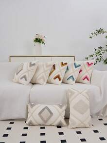 1pc Large Plaid Rhombus Pattern Pillow Cover, Bohemian Canvas Tufted Embroidered Cord Craft, Bedroom Room Bed Decor Cushion Cover, Nordic Daily Home Living Room Sofa Car Pillow Case, Holiday Party Outdoor Garden Textile Decorative Pillowcase, Multi-Color, All Season, Without Insert, 30*50cm 45*45cm