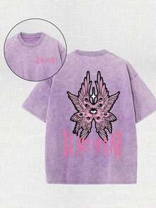 Men's High-Quality 100% Cotton T-Shirt-Unique Double-Sided Batik Printing, With "Eyes, Wings, Novelty, Old-Fashioned And Animal" Design, Round Neck And Short Sleeves-Very Suitable For Outdoor Sports And Street Leisure, Pink. - Màu tím - Xem 1