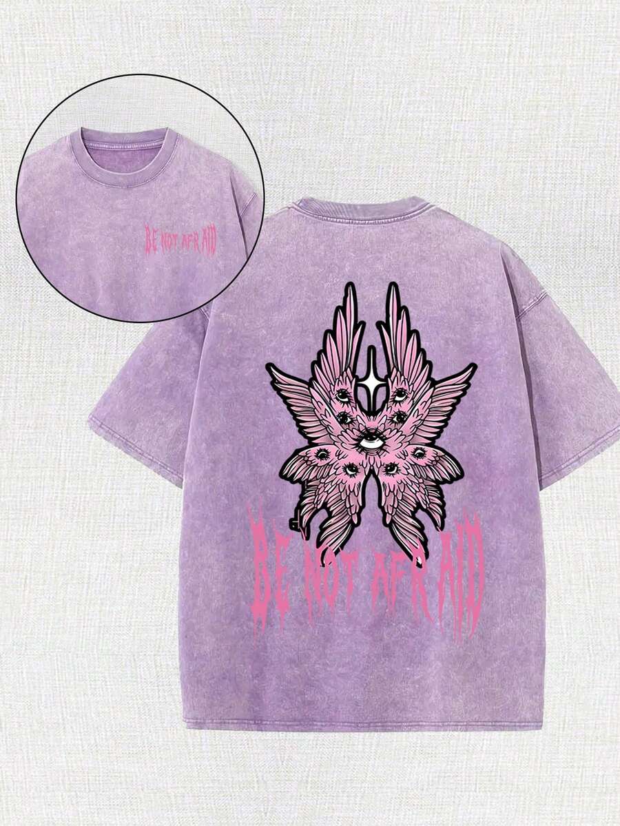 Men's High-Quality 100% Cotton T-Shirt-Unique Double-Sided Batik Printing, With "Eyes, Wings, Novelty, Old-Fashioned And Animal" Design, Round Neck And Short Sleeves-Very Suitable For Outdoor Sports And Street Leisure, Pink. - Màu tím - Xem 1