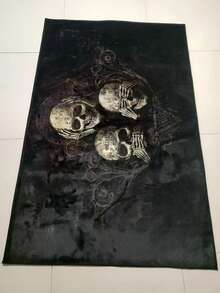 1件装柔软可水洗涤纶骷髅图案万圣节地毯，适用于客厅、卧室、游戏室和浴室 - 柔软家居装饰浴室配件玄关装饰厨房地毯 - 黑色 - 查看 5