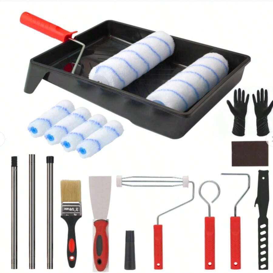 Paint Roller Kit With Frame & Tray (Red) - 9-Inch Wall Painting Tools Set For DIY Home Renovation - Burgundy - View 1