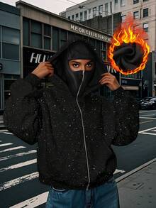 女士秋季服装、女士冬季服装、女士冬季服饰、女士亮片卫衣、冬季亮片上衣、时尚亮片拉法帽街头嘻哈双层连帽开衫、星空秋冬连帽拉链外套（黑色） - 黑色 - 查看 8