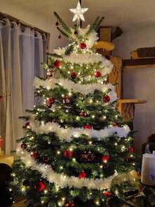 1pc Christmas DecorationFestive Christmas Garland Decoration With White Snowflakes, Christmas Tree Decor Accessories, Suitable For Christmas Home Wall Hanging, Stair Railing And Ceiling Hanging Decorations,Christmas