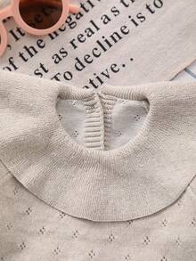 Newborn Solid Color Round Neck Ruffle Hollow Out Knitted Cardigan + Solid Color Leggings - Khaki - View 2