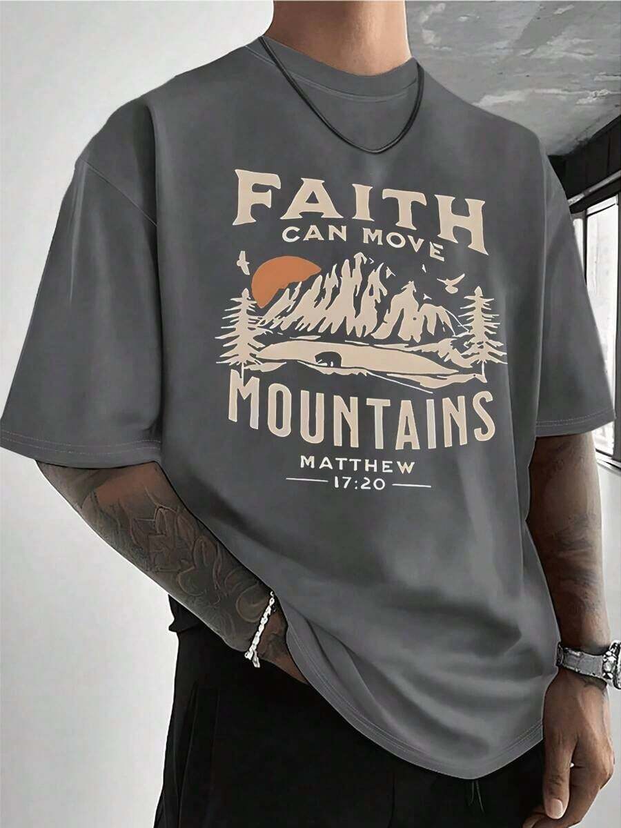 Faith Moves Mountains Men's Casual Cotton Short-Sleeve T-Shirt - Men's Basic Summer T-Shirt (Sizes S-XXXL) Vintage Style, Graphic T-Shirt, Romwe, Fun T-Shirt, Printed Pattern T-Shirt, Western Style, Printed Pattern T-Shirt - Xám - Xem 1