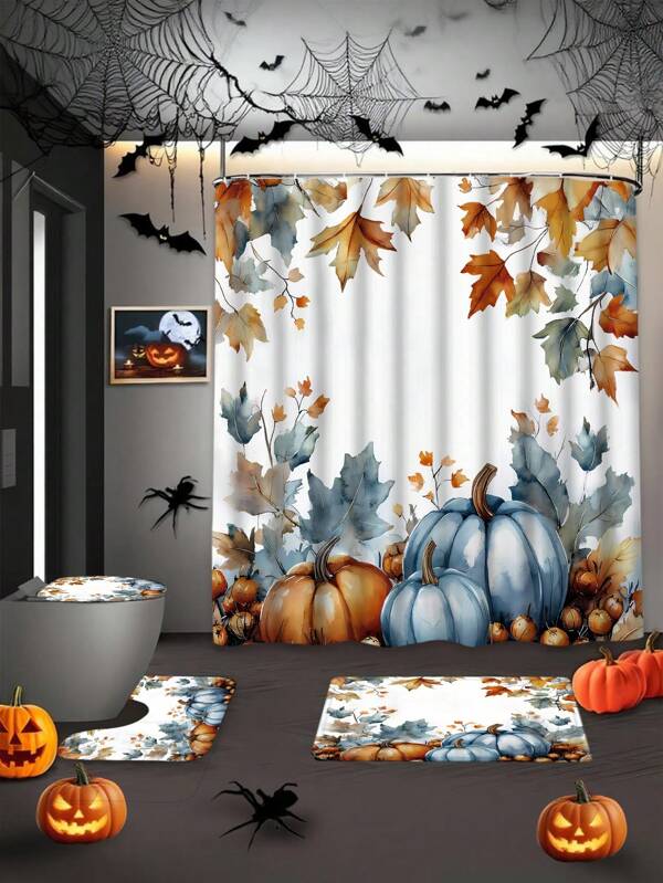 [Popular][Open JIT] 1/4 Pcs Autumn Thanksgiving Shower Curtain Set, Pumpkin Maple Leaf Farmhouse Burnt Orange Blue Waterproof Polyester Washable Autumn Bathroom Shower Home Decor Gift With 12pcs Hooks Non-Slip Bath Mat U-Shape Toilet Cover