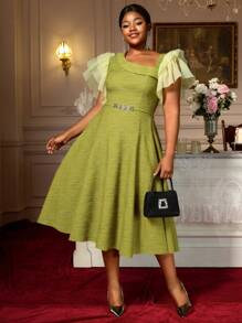 Plus Size Wavy Knitted Fabric Asymmetrical Collar A-Line Swing Dress Mesh Ruffle Short Sleeve Party Dresses For Woman