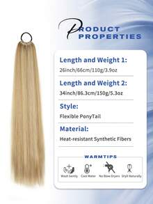 Peluca con coleta de 26"/34", peluca con coleta elástica multifuncional en negro y marrón, resistente al calor, cabello liso largo sintético suave y natural para mujer, adecuado para Navidad, Año Nuevo, Carnaval, festivales de música y otras ocasiones - Multicolor - Ver 5
