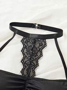 女士黑色睡衣，撞色蕾丝，细肩带，露背透视，性感内衣，黑色连衣裙，黑色睡衣，性感内衣连衣裙 - 黑色 - 查看 9