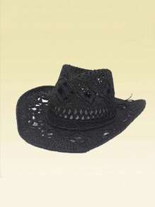 1pc Women's Beige Hollow Woven Straw Hat, Western Cowgirl Style, Breathable Sun Protection, Self-Tie Wind Rope, Suitable For Beach Vacation, Daily Outing, Fashion Handmade Panama Cowgirl Large Straw Hat, Bohemian Style Beach Straw Hat, Sun Protection Hat, Casual Beach Wind-Resistant Cap