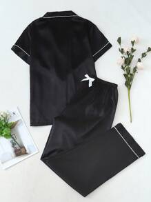 2 件套缎面纯色睡衣套装，短袖翻领上衣和蝴蝶结长裤，女士睡衣家居服 - 黑色 - 查看 2