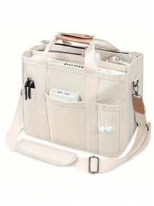 1pc Fashionable Large Capacity Canvas Tote Bag - Black! Zipper Closure + Multiple Side Pockets Design, Durable Shoulder Strap, Super Spacious, Easily Meets College Students' Needs For Carrying Laptops And Books. Valentine's Day Gift, Back To School Gift, Get Ready In Advance! - Beige - View 2