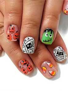 24 件万圣节指甲短方形南瓜绷带木乃伊印花装饰全覆盖按压可拆卸假指甲，适合女性节日派对美甲装饰指甲用品 - 彩色 - 查看 1