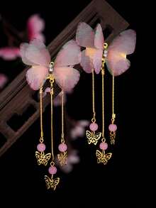2pcs Butterfly & Chain Tassel Decor Alligator Hair Clip Cute Pink Accessories Claw Clips Hair Claws Hair Barrettes, Hairpin - Multicolor - View 1