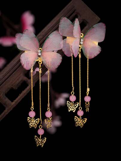 2 pièces Accessoires pour cheveux Pinces à cheveux papillon et gland avec chaîne, décorations mignonnes roses, pinces à griffes pour cheveux