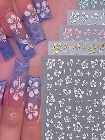 6 Pieces Of Spring And Summer Hibiscus Nail Art Stickers - White, Pink, Blue, Silver, Gold, Yellow Fresh Hibiscus Flower, Hibiscus Flower Art Design, 3D Flat Technology, Suitable For Women's Daily, Wedding, Holiday, Disposable Self-Adhesive Back Adhesive Nail Art Stickers, Simple, Light Luxury, Chinese Style Theme Style, Easy To Stick Nail Decoration Stickers