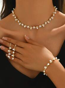 1pc Women's Pearl Necklace + 1 Pair Women's Pearl Earrings + 1pc Women's Pearl Bracelet, 4pcs Women's Fashion Pearl Jewelry Set, Suitable For Daily Wear, Wedding Dress, Music Festival, National Day, Halloween And Other Celebration Occasions - Gold - View 16