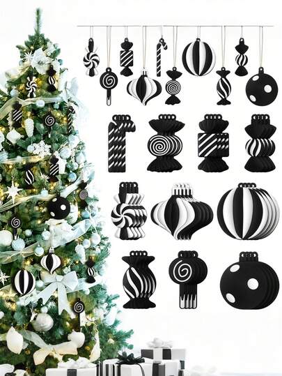 20pcs/10pcs/1pc Black & White Christmas Tree Ornaments, 2D Candy Cane Lollipop Decorations, Christmas Hanging Decor, Birthday Party Craft Supplies, Suitable For Holiday Christmas Tree, Party (Unique Design)