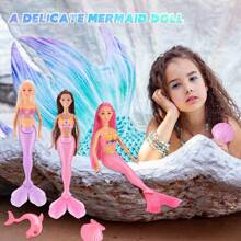这款美人鱼娃娃拥有色彩缤纷的梦幻发型和头饰，配有海星形紧身胸衣和柔软的粉色美人鱼尾巴，适合作为3-8岁女孩的生日礼物。