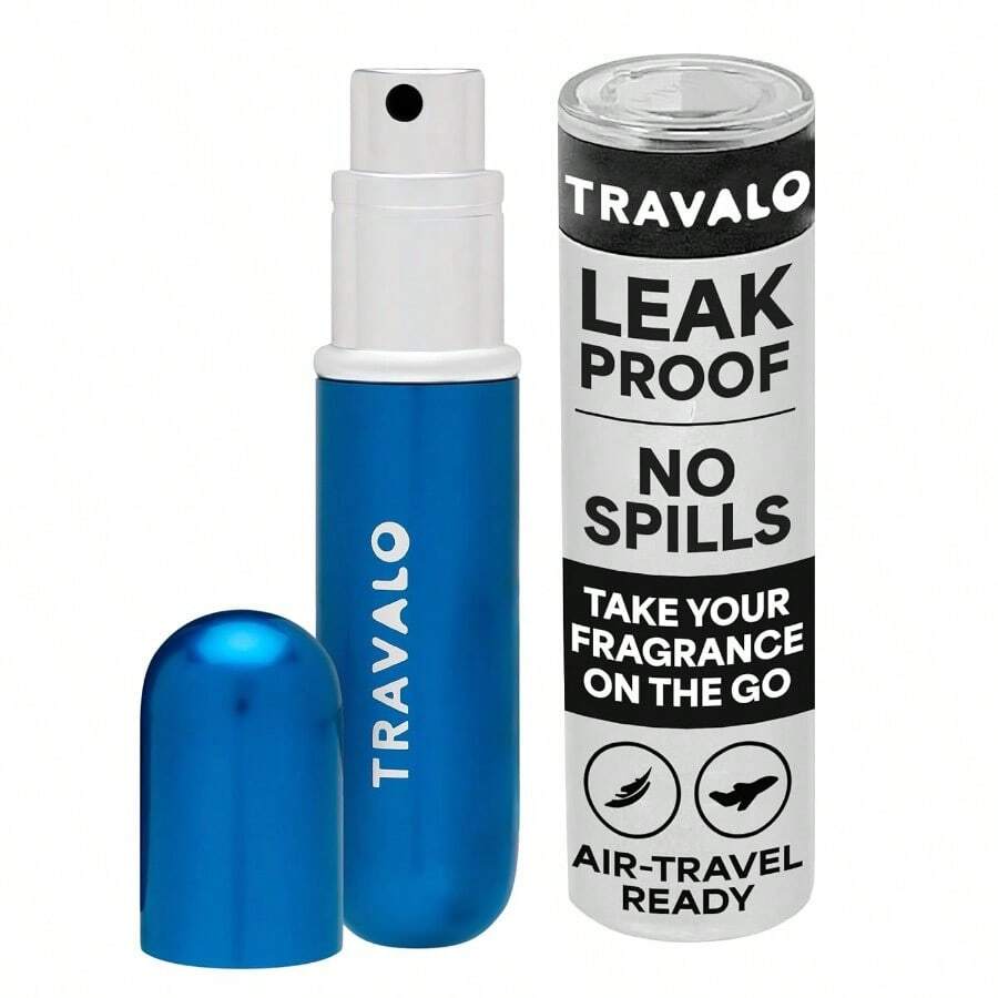 Atomizador de perfume HD clásico Travalo a prueba de fugas y aprobado por TSA para viajes aéreos, rociador de bomba de aire fácil de llenar, diseño ligero y elegante con volumen en ventana azul de 0.17oz