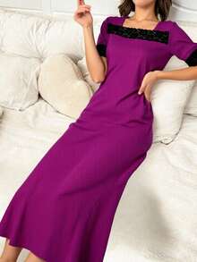 FIOLETOWA PIŻAMA DAMSKA Z KORONKĄ W KROPKI - Fioletowy - Zobacz 1