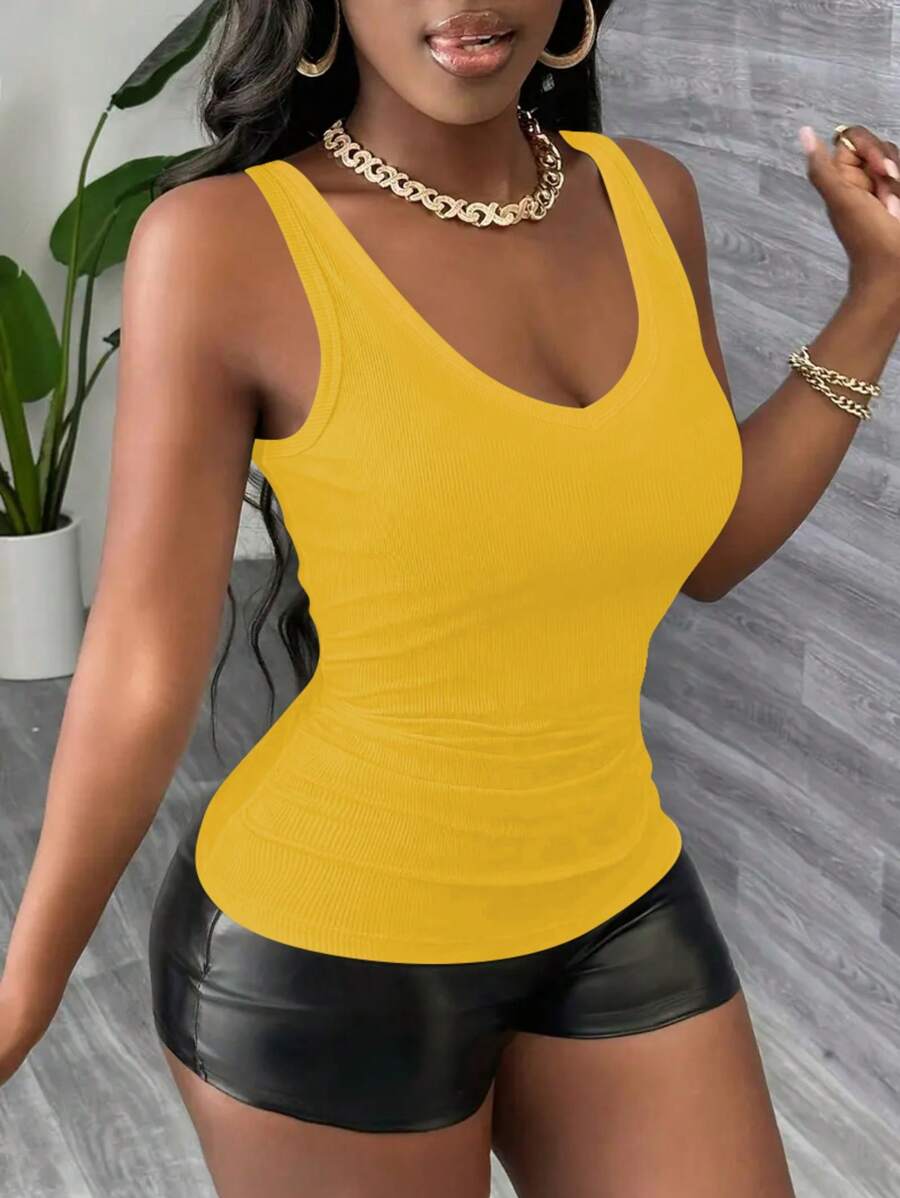 1 件纯色罗纹背心，适合春夏季家居服 - 黃色 - 查看 1