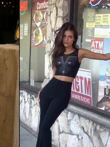 Basrey Black Sleeveless Rhinestone Vest, Backless, High Waisted, Slightly Flared Pants, Long Pants Set, Two Pieces Set - Black - View 6