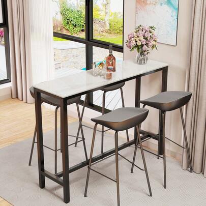 Rectangle Kitchen Bar Table Counter Breakfast Dining Table Black Coffee Table Metal Legs With Footrest For Kitchen Dining Room Patio