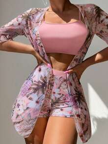 3 paquetes Conjunto De Bikini Impreso Tropical De Tres Piezas Para Mujer Sujetador push up & hipster Bottom de bikini & Kimono 3 piezas Bañador,short traje de baño dama - Rosa - Ver 3