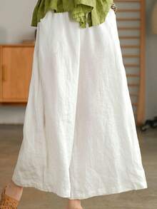 Plus Size High Waisted Wide Leg Pants Solid Elastic Waist Loose Fit Flowy Trousers With Pockets - 白色 - 查看 2