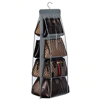 1pc Hanging Bag Organizer Rack, 3-Tier Or 4-Tier, 6-Grid Or 8-Grid, Transparent Hanging Shelf For Storing And Organizing Wallets, Handbags, Clothes, Pants, Shoes, Skirts, And Bedroom Decor