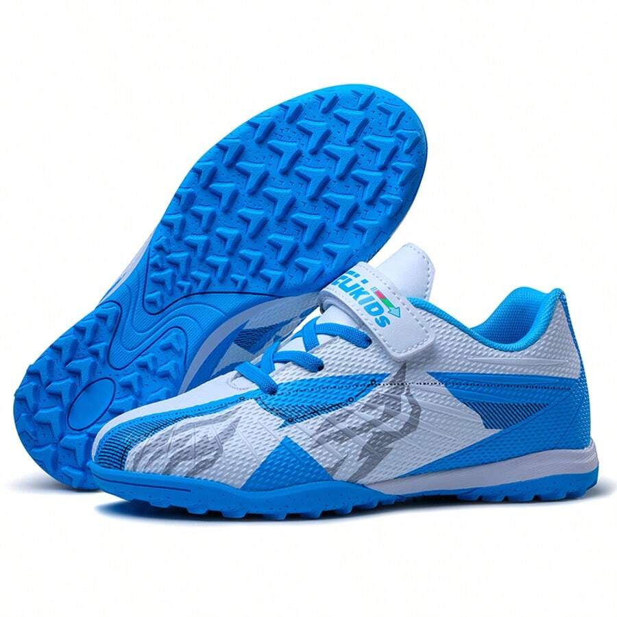 女士休闲足球鞋，字母图案，魔术贴搭扣，钉鞋底，训练运动鞋 - 白藍 - 查看 1